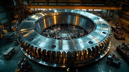 Poster - close up view of a wind turbine rotor shaft with an engineer carefully performing precision mechanic
