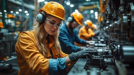 Poster - robotic arms assembling wind turbine blades under the supervision of engineers in a modern mechanica
