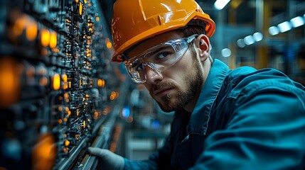 Poster - engineer performing tests and inspections on wind turbine motors in a mechanical testing laboratory 