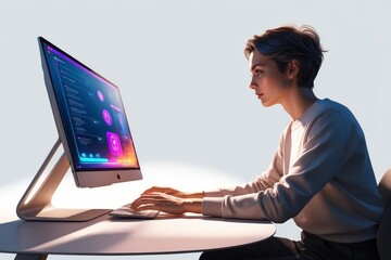 Woman working on computer, data analysis, programming, technology.