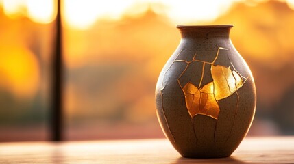 Aufkleber - Beautifully cracked vase illuminated by sunset light