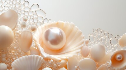 Poster - elegant arrangement of seashells and pearls with soft bubbles against a light background