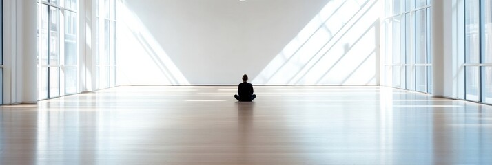 Fototapete - A person sits quietly on the floor of a vast, empty gallery, surrounded by bright light and ample space for expression or thought. Generative AI