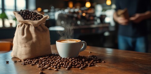 Wall Mural - A cup of coffee with steaming hot espresso and a bag full of coffee beans on a wooden table.