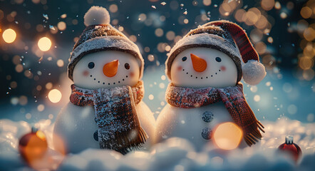 Poster - A cute smiling two snowman with bokeh lights in the background with snow falling.