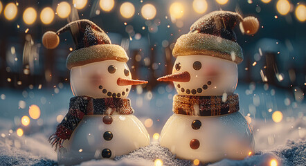 Poster - A cute smiling two snowman with bokeh lights in the background with snow falling.