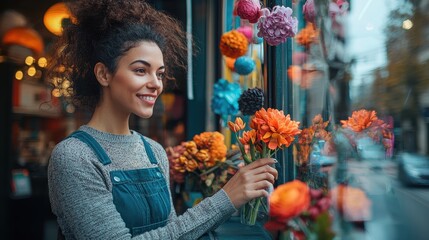 Canvas Print - A female retail owner arranging vibrant window displays while customers browse inside Her creativity and meticulous attention to detail highlight her dedication 