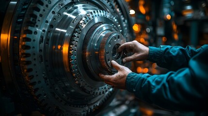 Poster - close up view of intricate mechanical gears inside a wind turbine with an engineer s hands making pr