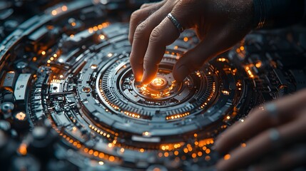 Poster - closeup view of mechanical gears inside a wind turbine being carefully adjusted and maintained by a 