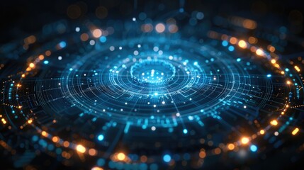 Aufkleber - Futuristic interface with a circular shape in the center. The shape is made up of a series of interconnected lines and dots, creating a grid-like pattern. The background is black.