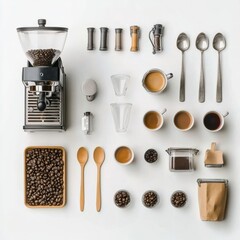 Leinwandbilder - Coffee beans, cups, and utensils are arranged in a flat lay, showcasing the brewing process and inviting coffee lovers to indulge. Generative AI