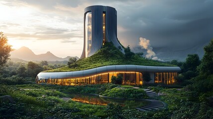 Poster - futuristic biomass power plant generating clean renewable energy surrounded by lush green fields eco