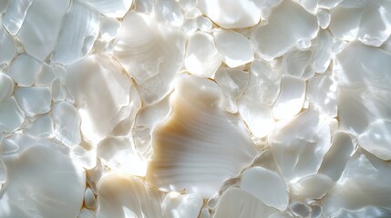 Poster - natural light reflecting off smooth, shiny seashells scattered across a sandy ocean floor