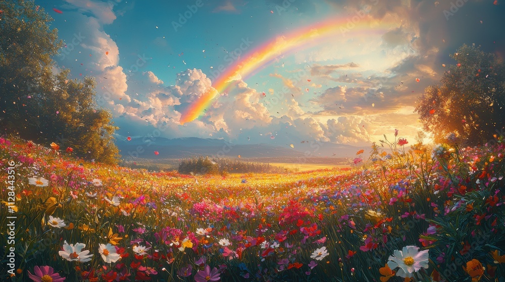 A vibrant meadow bursting with colorful wildflowers under a vivid ...