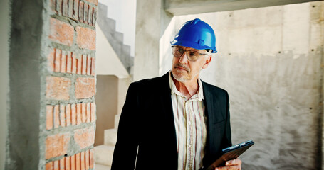 Poster - Construction site, thinking and man with tablet, inspection and network with online schedule. Mature person, architecture and employee with hard hat, technology and solution with quality control