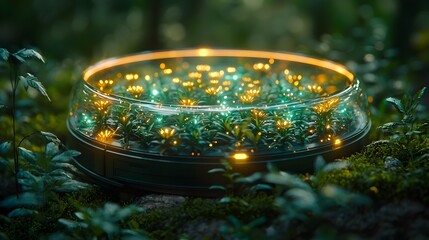 Poster - futuristic biomass reactor glowing green surrounded by lush nature illustrating sustainable energy p