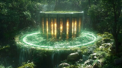 Poster - futuristic biomass reactor glowing green surrounded by a lush natural landscape illustrating the pro