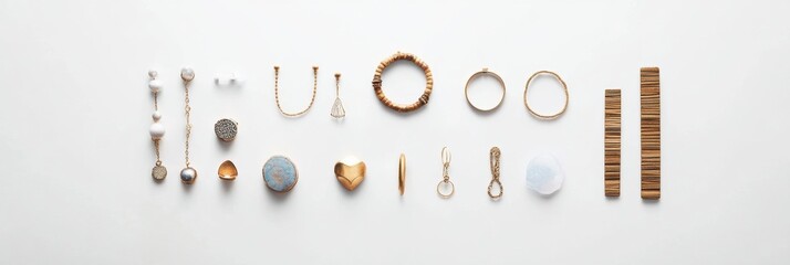 Poster - Stylish collection of jewelry items spread out on a plain surface, showcasing bracelets, rings, and earrings with ample space for custom text. Generative AI