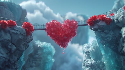 Wall Mural - Crystal heart bridge between fantasy rock formations with red roses.