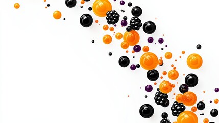 Poster - Bunch of orange and black balls are scattered across a white background. The image has a playful and whimsical mood, as the bright colors of the balls contrast with the white background