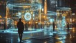 © Ari - Sci-fi holographic city with augmented reality enhancements, transparent hologram buildings, advanced urban systems, digital transportation networks, glowing street lights