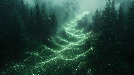 Poster - flowing green energy lines connecting a futuristic biomass plant to a forest symbolizing the sustain