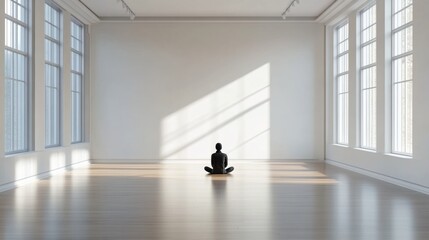 Fototapete - A solitary figure sits on the floor of a spacious gallery, surrounded by large windows, contemplating the serene atmosphere, seeking inspiration. Generative AI