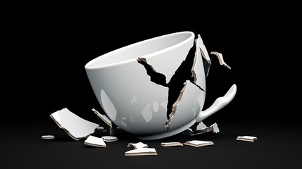 Poster - White cup with a crack in it is shattered on the ground. The broken pieces of the cup are scattered around it, creating a sense of chaos and destruction. The image conveys a feeling of loss