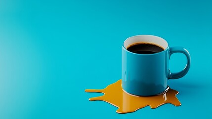 Poster - Blue coffee cup with a yellow liquid on the table