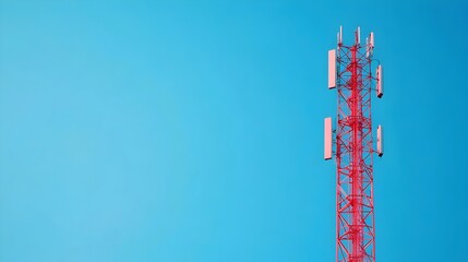 Poster - Telecommunications tower with multiple antennas and satellite dishes standing tall against a clear blue sky