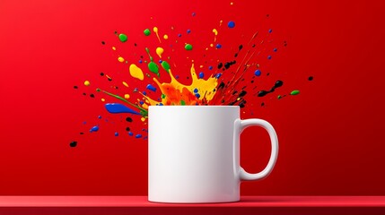 Poster - White coffee cup with colorful paint splatters on it