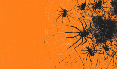 Intricate Spider Silhouettes on Vibrant Orange Background: Exploring Arachnid Patterns and Textures in Digital Art for Halloween and Beyond