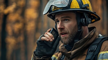 A firefighter in full gear uses a radio, dirt on his gloves. This image depicts emergency response, communication, and bravery during a fire.