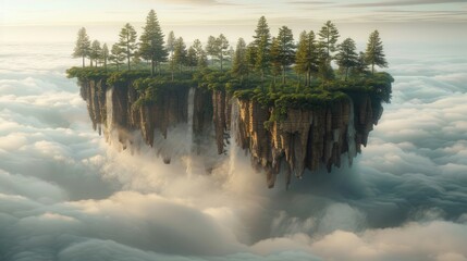 Wall Mural - Floating island with trees, waterfalls, and clouds.