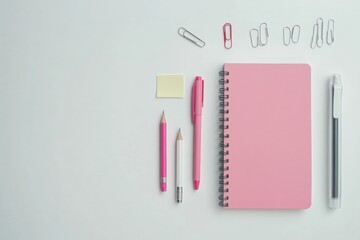 Poster - A clean workspace features colorful pens, pencils, paper clips, sticky notes, and a notebook, with space for additional text or notes. Generative AI