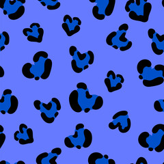 Wall Mural - Cute leopard spots heart seamless pattern. Vector hand drawn blue animal leo skin print. Safari spotted texture background for fashion love print, fabric, textile, Valentines day decor, backgrounds.