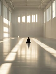 Fototapete - A lone person sits on the floor in a vast gallery, surrounded by bright sunlight and empty space, creating a calm atmosphere for reflection. Generative AI
