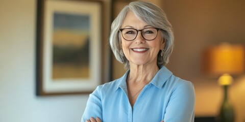 Professional Woman with Grey Hair Smiling Confidently