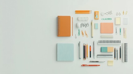 Poster - A variety of office supplies including pens, pencils, paper clips, sticky notes, and notebooks laid out on a light surface with ample copy space. Generative AI