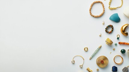 Poster - Showcasing a beautiful arrangement of bracelets, rings, and earrings on a light background, featuring ample copy space for text. Generative AI