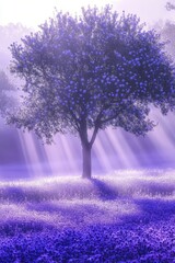 Poster - Purple Dream Misty Meadow Sunrise, Ethereal Light Rays Through Fog, Magical Pastel Colors