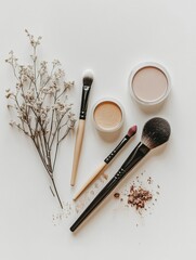 Poster - Assorted makeup tools including brushes, powders, and flowers artfully arranged to inspire creativity and showcase elegance in design. Generative AI