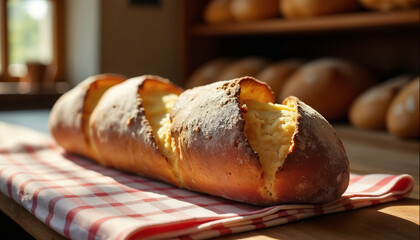 wallpapers A long loaf of freshly baked bread resting on a checkered cloth with a warm and inviting background. A delicious sight for any bread lover. AI generated.