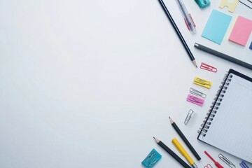 Poster - Varied office supplies such as pens, pencils, sticky notes, and paper clips are neatly arranged, with open space for text or notes. Generative AI