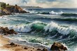 © Jones - Ocean waves crashing on rocks in watercolor style