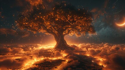 Wall Mural - Glowing tree on fiery clouds in a night sky.