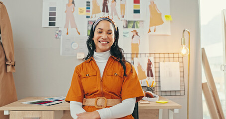 Aufkleber - Creative, portrait and smile with fashion designer woman in textile workshop for small business. Desk, drawings and wall with happy style director in office for clothes production or manufacturing
