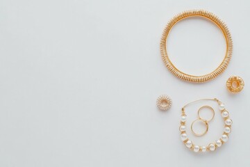 Leinwandbilder - A collection of beautiful jewelry pieces including bracelets, rings, and earrings arranged in a flat lay style, offering space for text. Generative AI