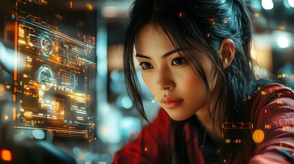 Poster - skilled asian female mechanic repairing a car with cutting edge holographic diagnostics in a modern 