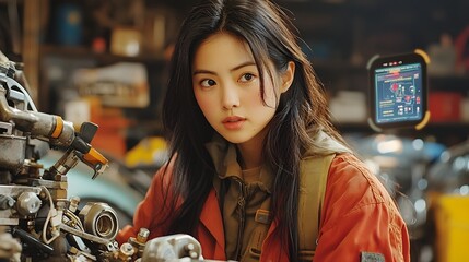 Poster - asian female mechanic using holographic tools to fix smart car engine with floating hologram display